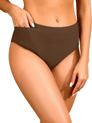 Tempt Me Mid Waist Bikini Bottoms-Full Coverage Bathing Suit Bottom with Pockets