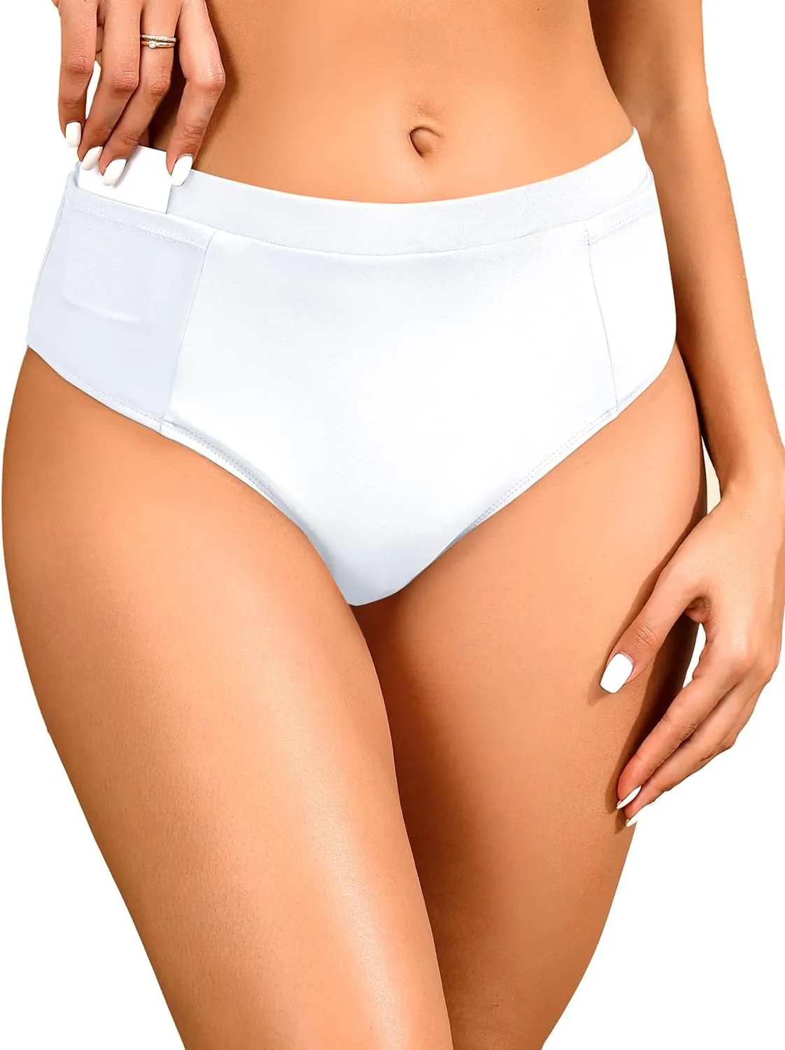 Tempt Me Mid Waist Bikini Bottoms-Full Coverage Bathing Suit Bottom with Pockets
