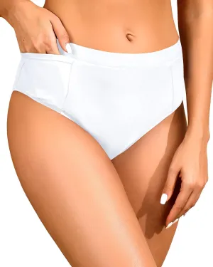 Tempt Me Mid Waist Bikini Bottoms-Full Coverage Bathing Suit Bottom with Pockets