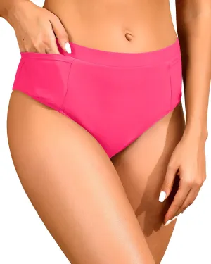 Tempt Me Mid Waist Bikini Bottoms-Full Coverage Bathing Suit Bottom with Pockets
