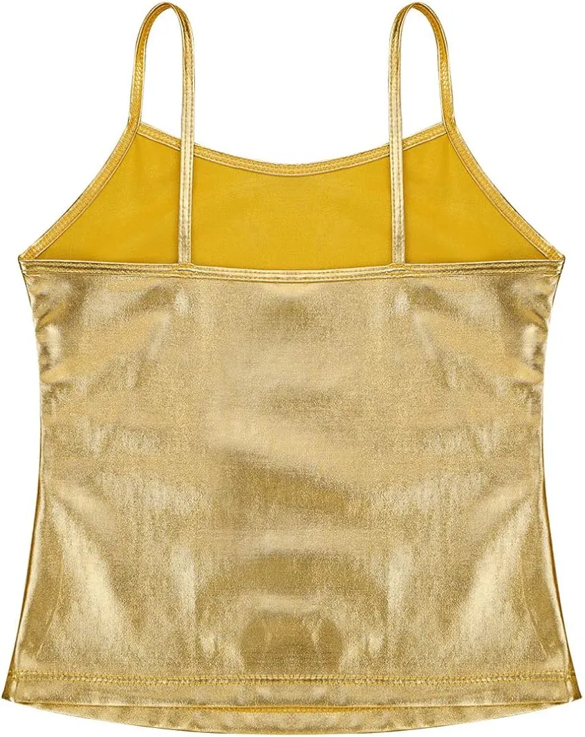 TiaoBug Girls Shiny Metallic Dance Crop Tops Sleeveless Camisole Tank Tops Jazz Dancing Performance Shirt
