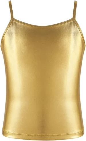 TiaoBug Girls Shiny Metallic Dance Crop Tops Sleeveless Camisole Tank Tops Jazz Dancing Performance Shirt