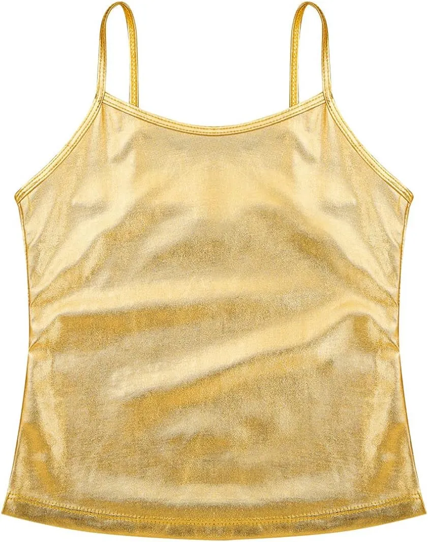 TiaoBug Girls Shiny Metallic Dance Crop Tops Sleeveless Camisole Tank Tops Jazz Dancing Performance Shirt