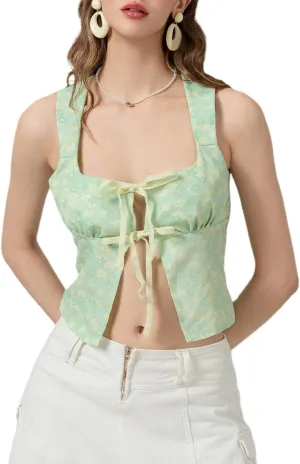 Tie Front Crop Tank Tops for Women Y2K Sleeveless Floral Camisole Lace Trim Sheer Vest Top Vintage Aesthetic Teens