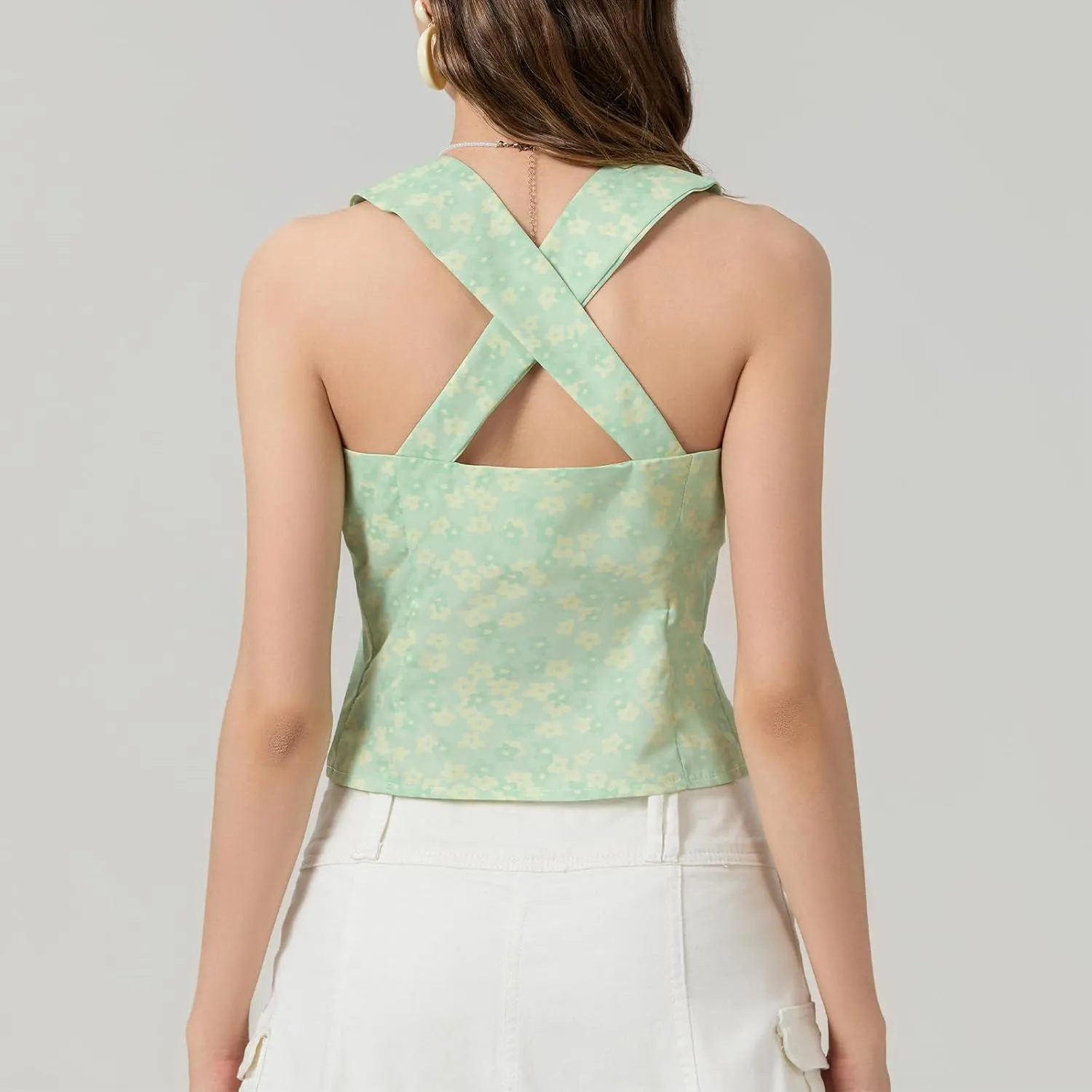 Tie Front Crop Tank Tops for Women Y2K Sleeveless Floral Camisole Lace Trim Sheer Vest Top Vintage Aesthetic Teens