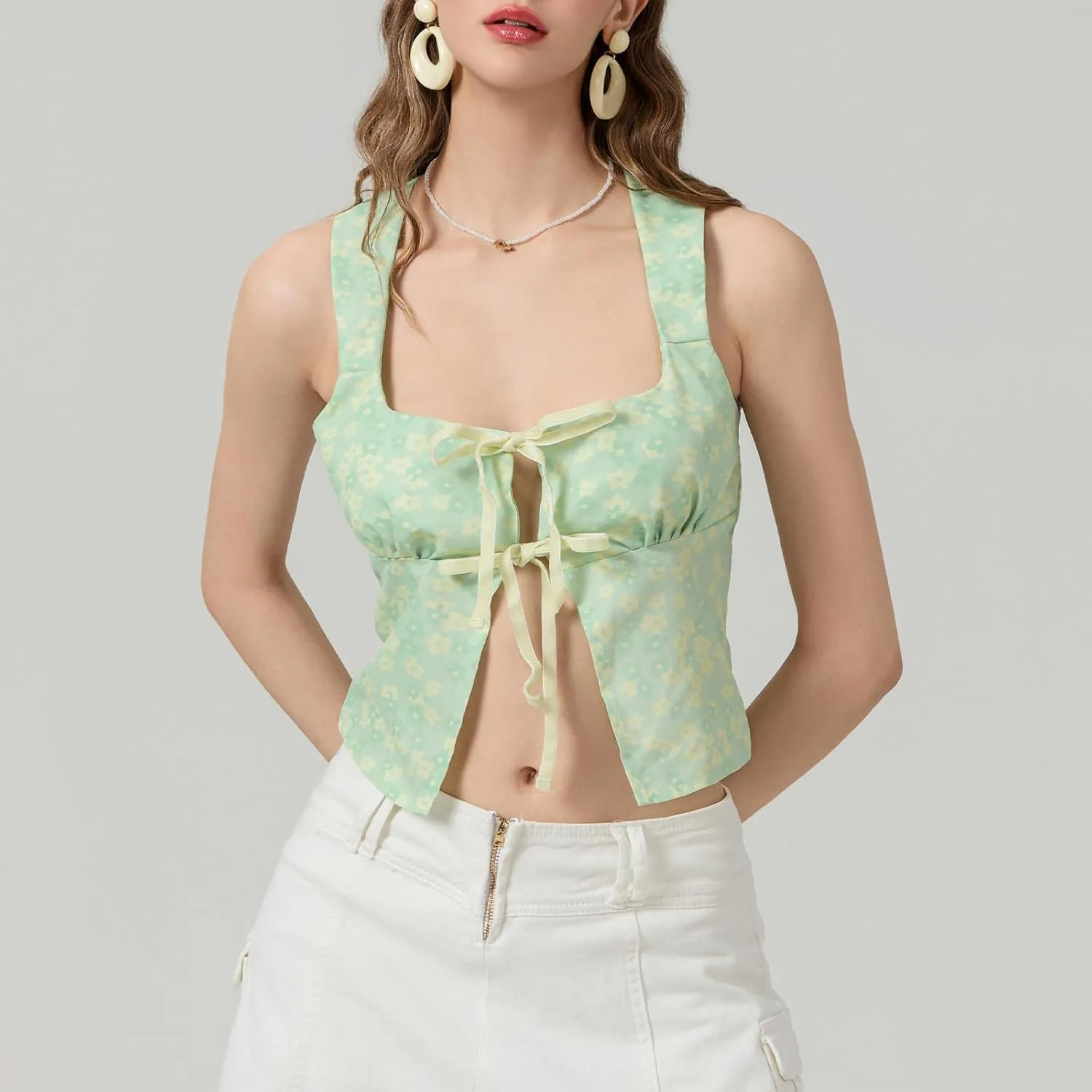 Tie Front Crop Tank Tops for Women Y2K Sleeveless Floral Camisole Lace Trim Sheer Vest Top Vintage Aesthetic Teens