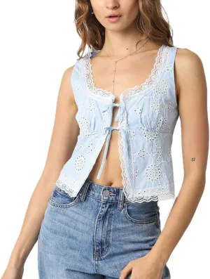 Tie Front Crop Tank Tops for Women Y2K Sleeveless Floral Camisole Lace Trim Sheer Vest Top Vintage Aesthetic Teens