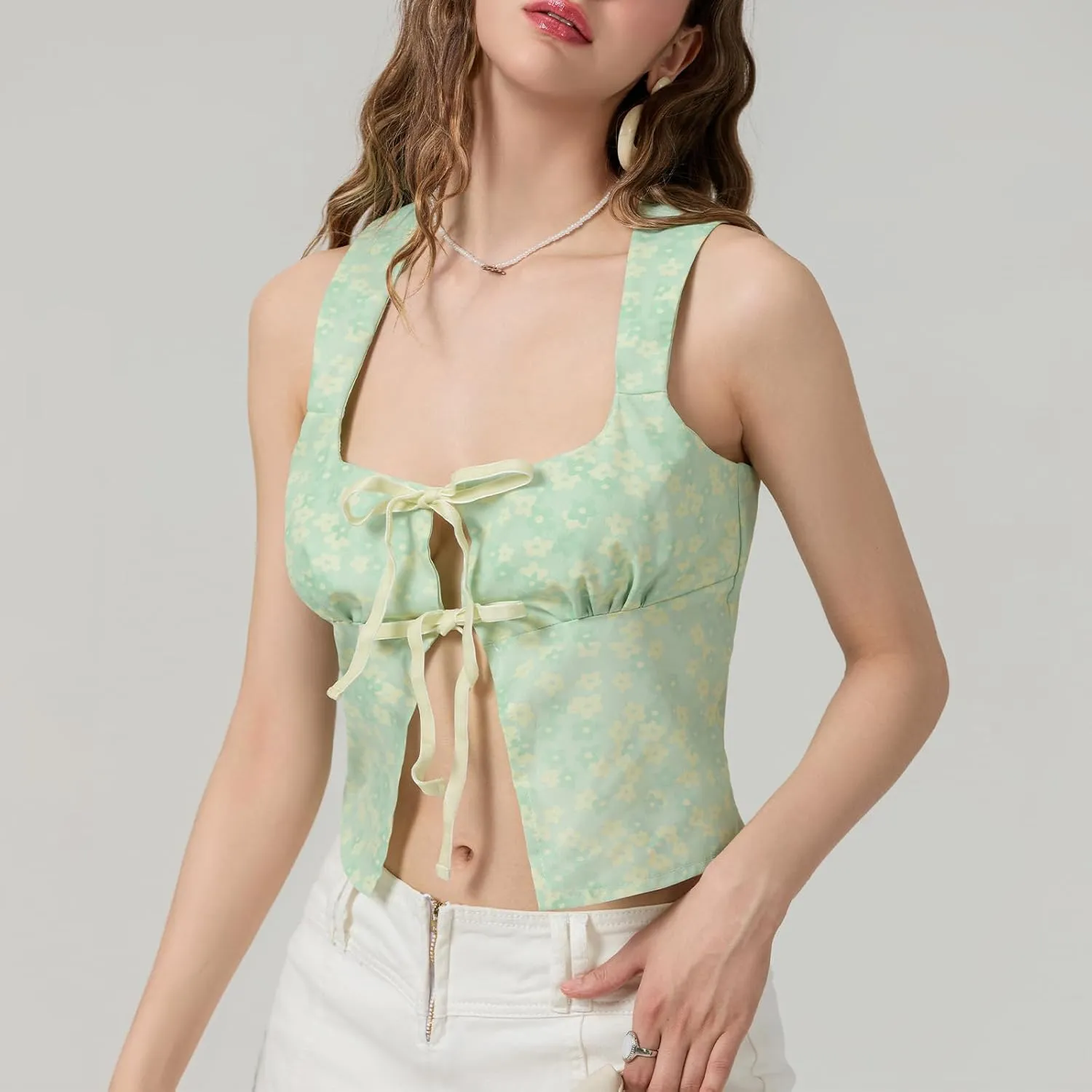 Tie Front Crop Tank Tops for Women Y2K Sleeveless Floral Camisole Lace Trim Sheer Vest Top Vintage Aesthetic Teens