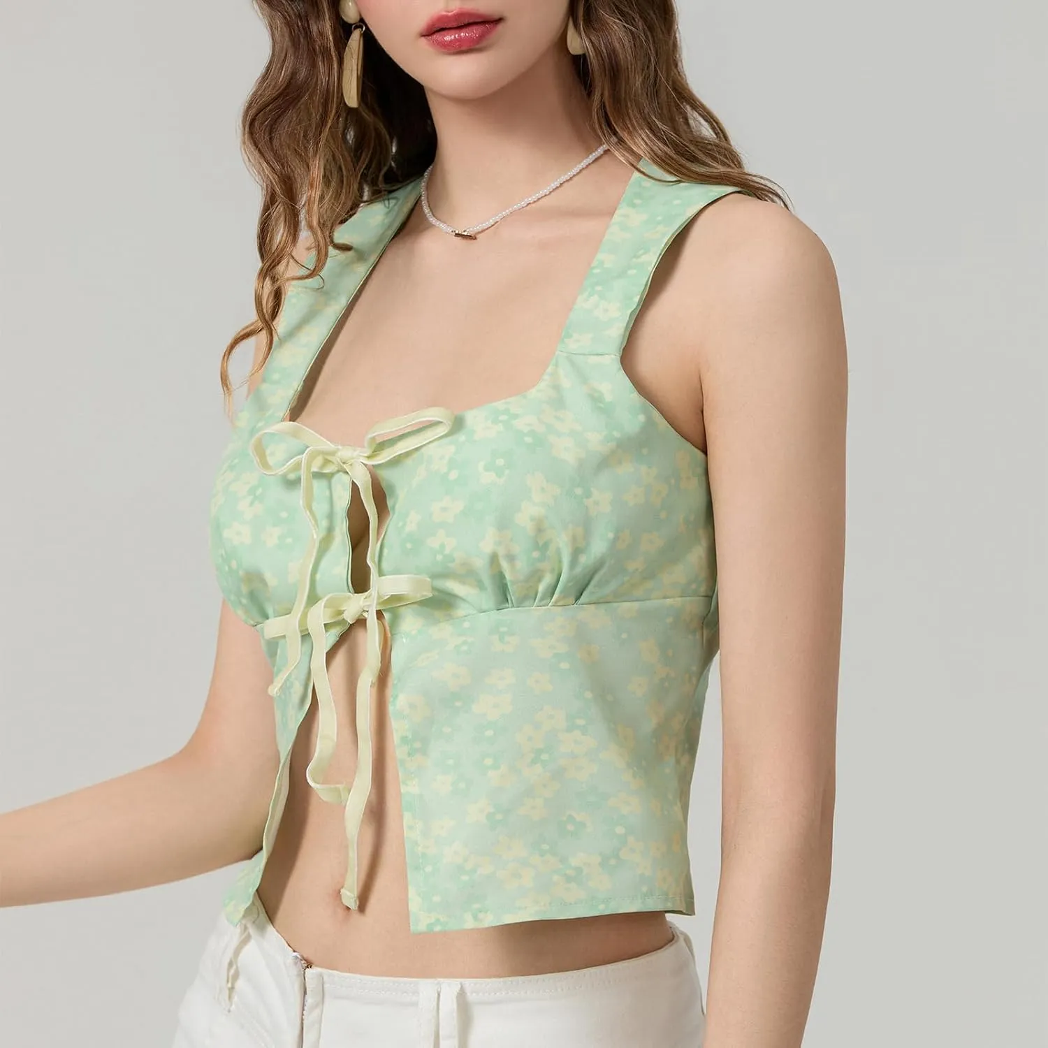 Tie Front Crop Tank Tops for Women Y2K Sleeveless Floral Camisole Lace Trim Sheer Vest Top Vintage Aesthetic Teens