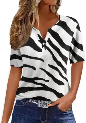 Tops for Women Trendy Button Down V Neck Tunics Henley Trendy Blouse Printed Summer Tops Vacation Tees Pullover