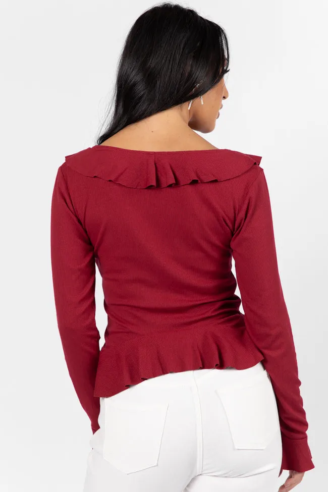 Treat You The Same Wine Ruffle Detail Ribbed Blouse FINAL SALE