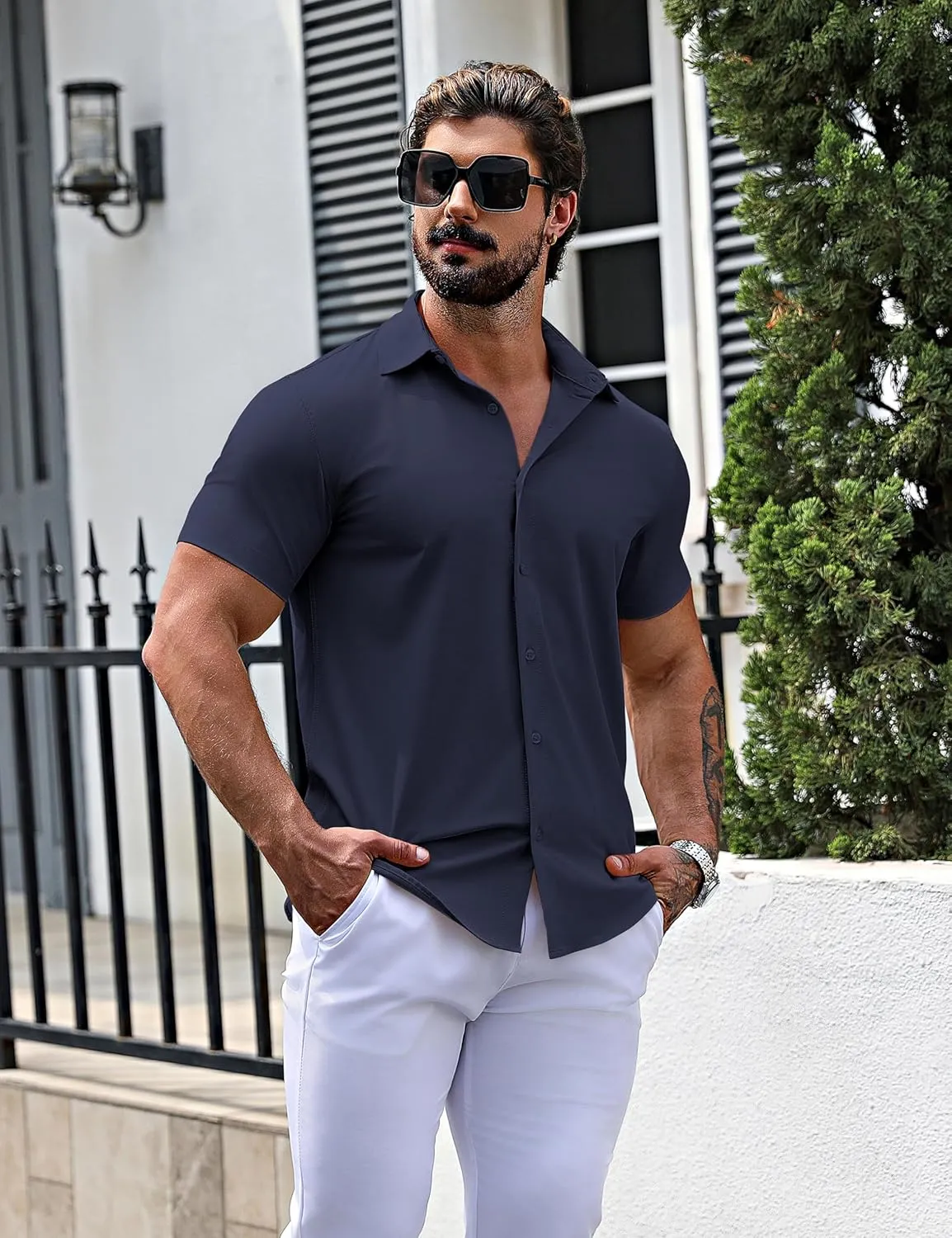 URRU Men's Muscle Dress Shirts Slim Fit Stretch Short Sleeve Casual Button Down Shirts for Men