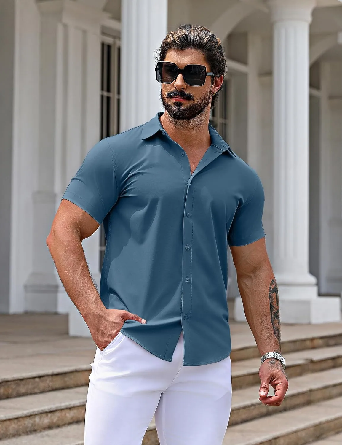 URRU Men's Muscle Dress Shirts Slim Fit Stretch Short Sleeve Casual Button Down Shirts for Men