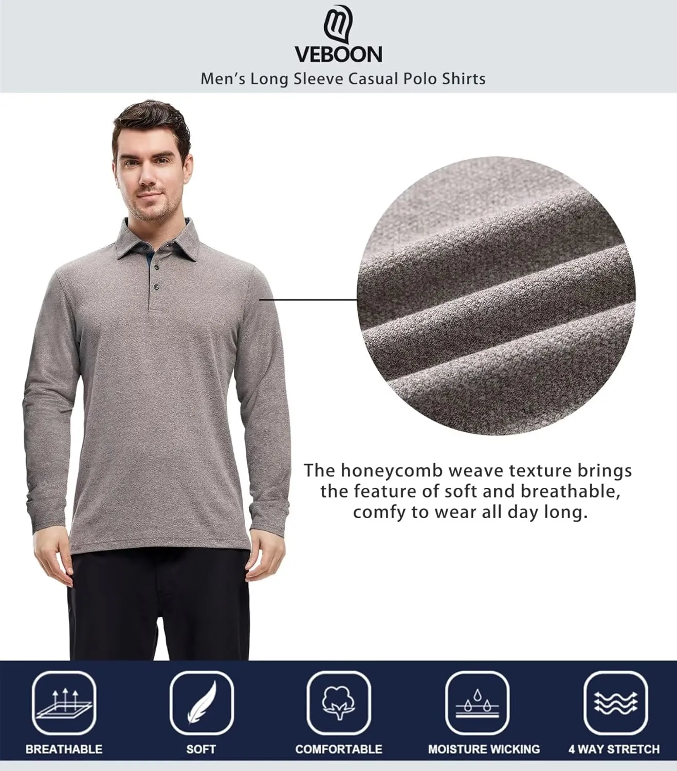 VEBOON Men's Polo Shirts Long and Short Sleeve Cotton Blend Heather Moisture Wicking Casual Collared Shirts