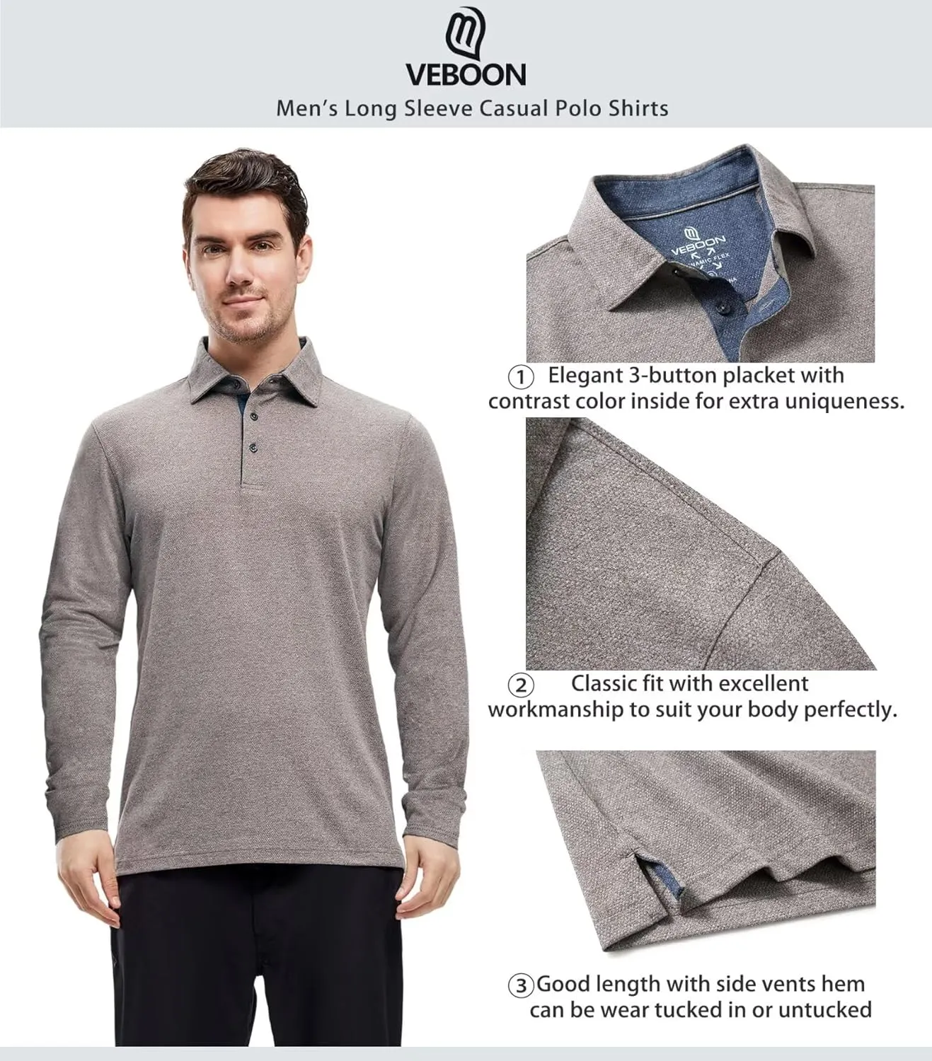 VEBOON Men's Polo Shirts Long and Short Sleeve Cotton Blend Heather Moisture Wicking Casual Collared Shirts