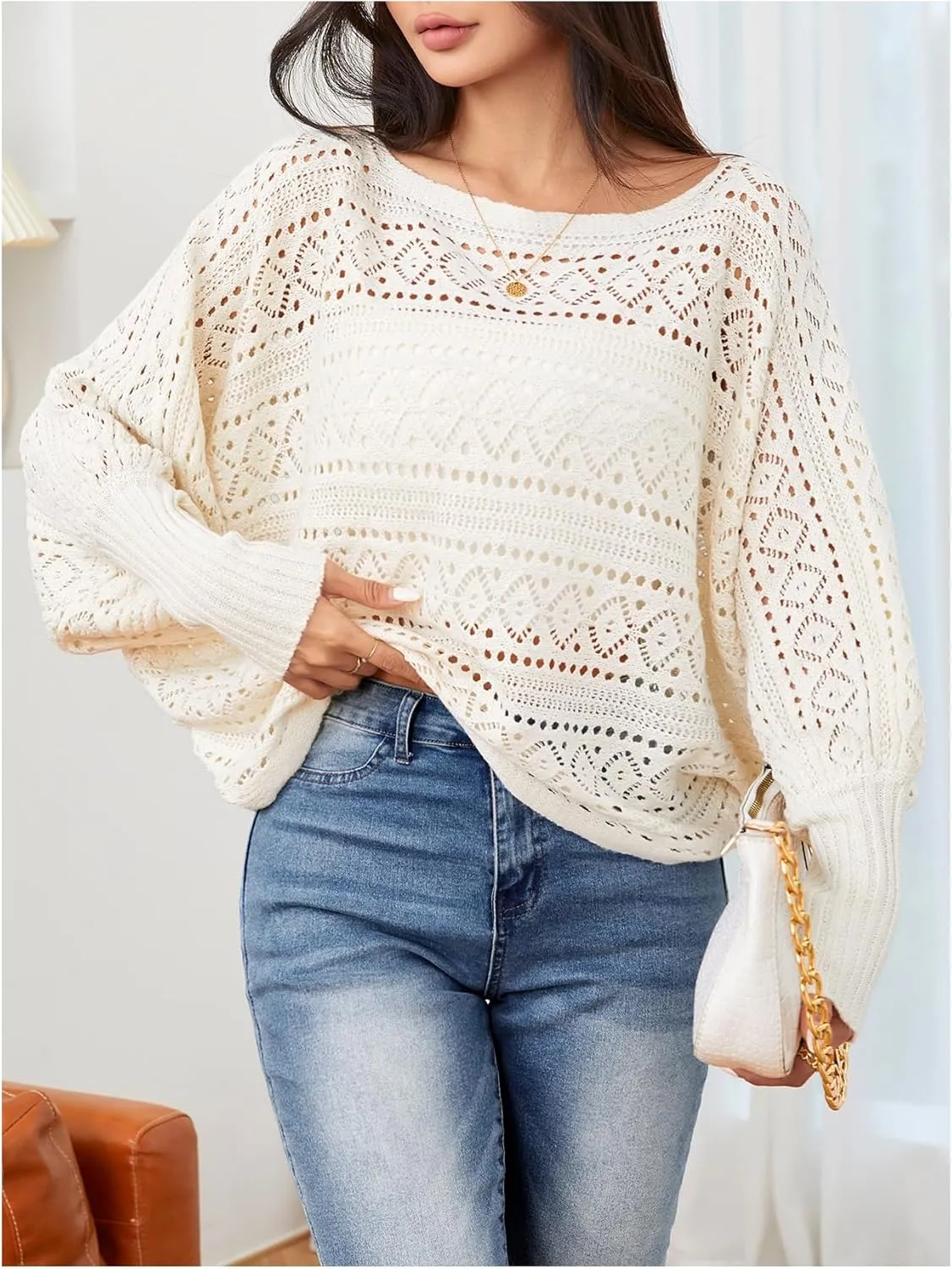 Verdusa Women's Off The Shoulder Sweater Crochet Dolman Sleeve Hollow Out Oversized Boat Neck Long Sleeve Pullovers