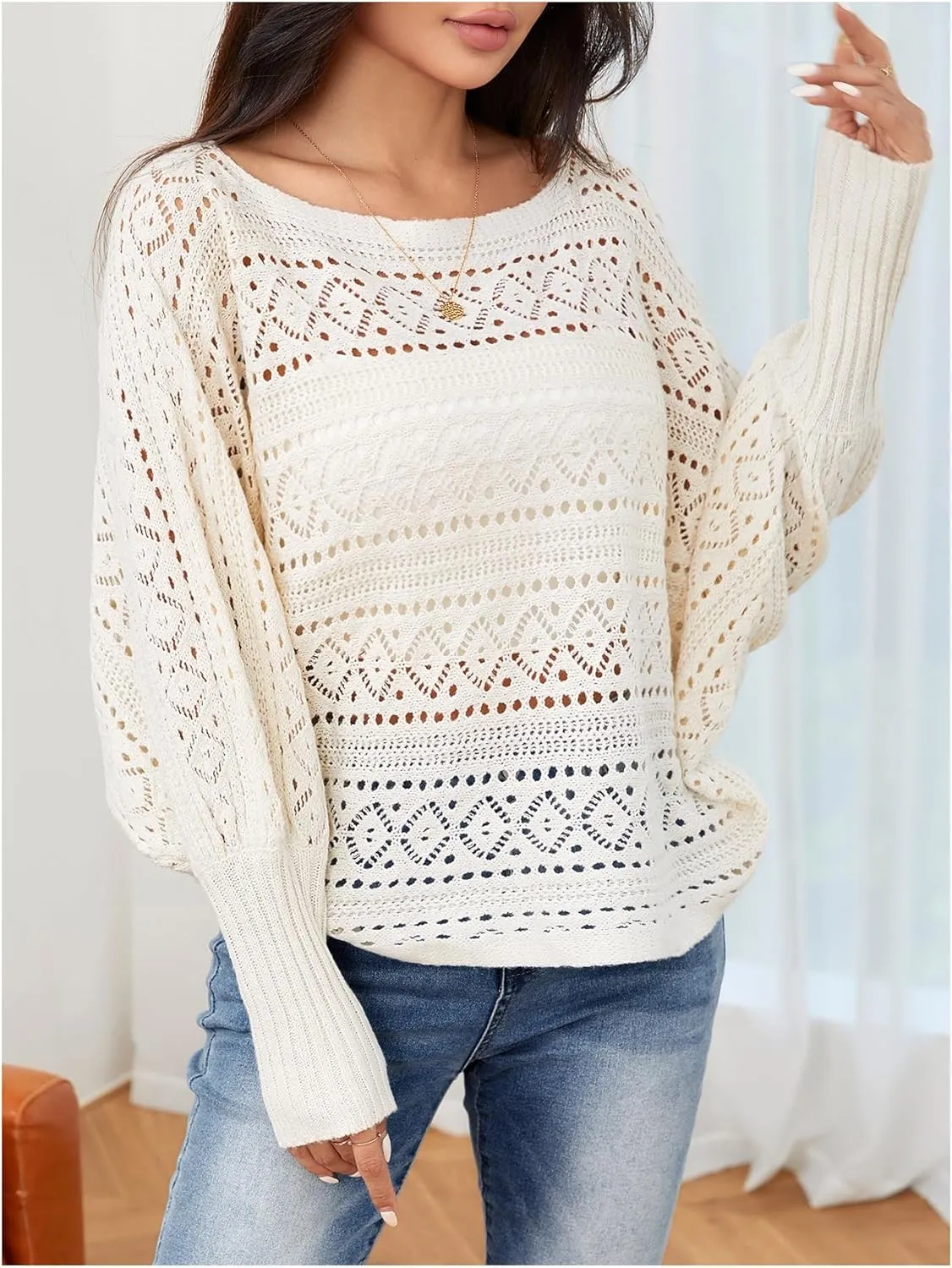 Verdusa Women's Off The Shoulder Sweater Crochet Dolman Sleeve Hollow Out Oversized Boat Neck Long Sleeve Pullovers