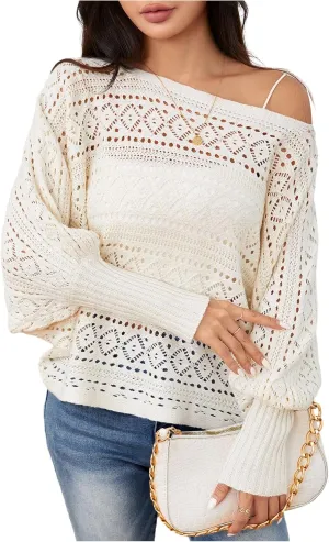 Verdusa Women's Off The Shoulder Sweater Crochet Dolman Sleeve Hollow Out Oversized Boat Neck Long Sleeve Pullovers