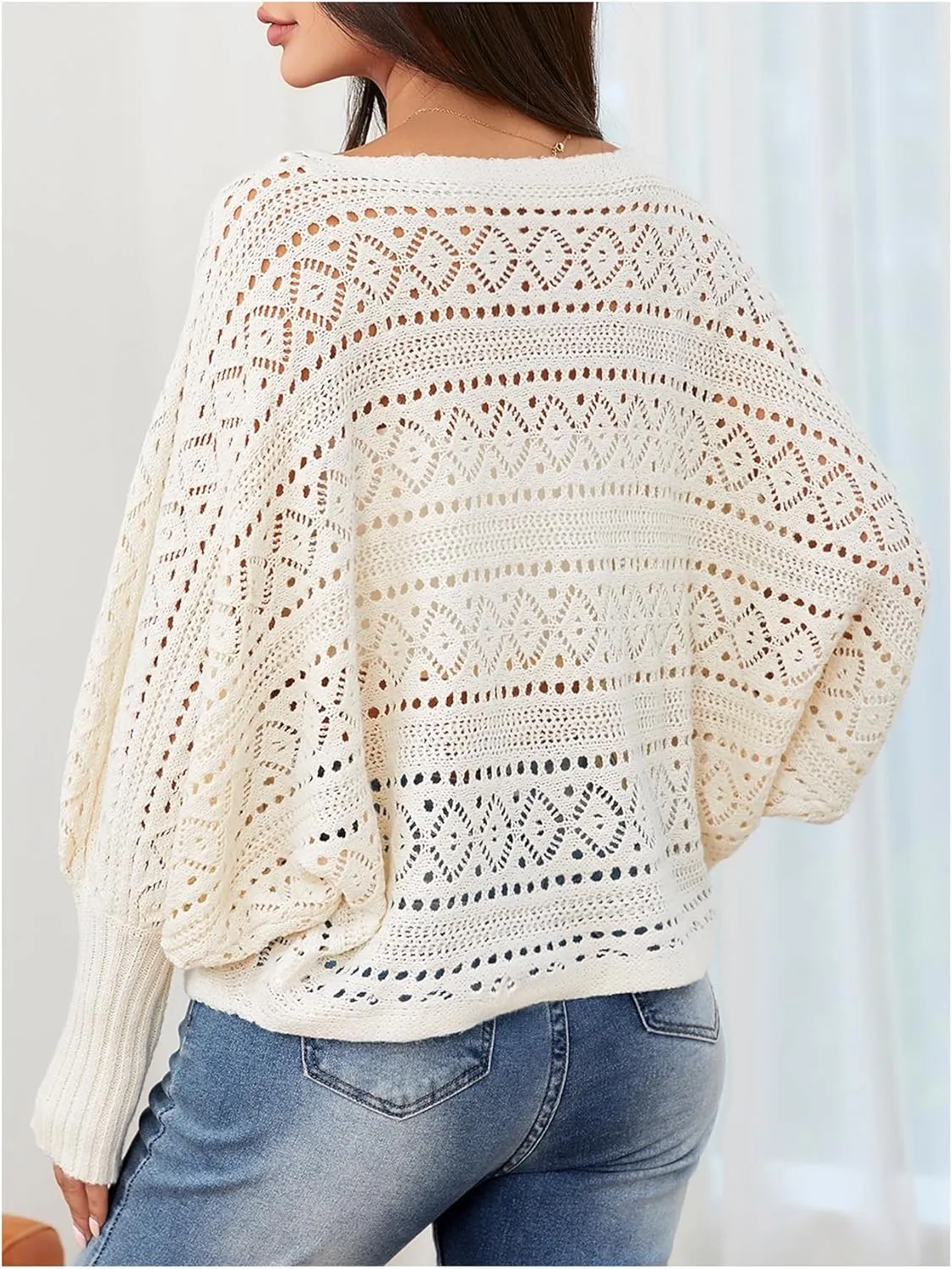 Verdusa Women's Off The Shoulder Sweater Crochet Dolman Sleeve Hollow Out Oversized Boat Neck Long Sleeve Pullovers