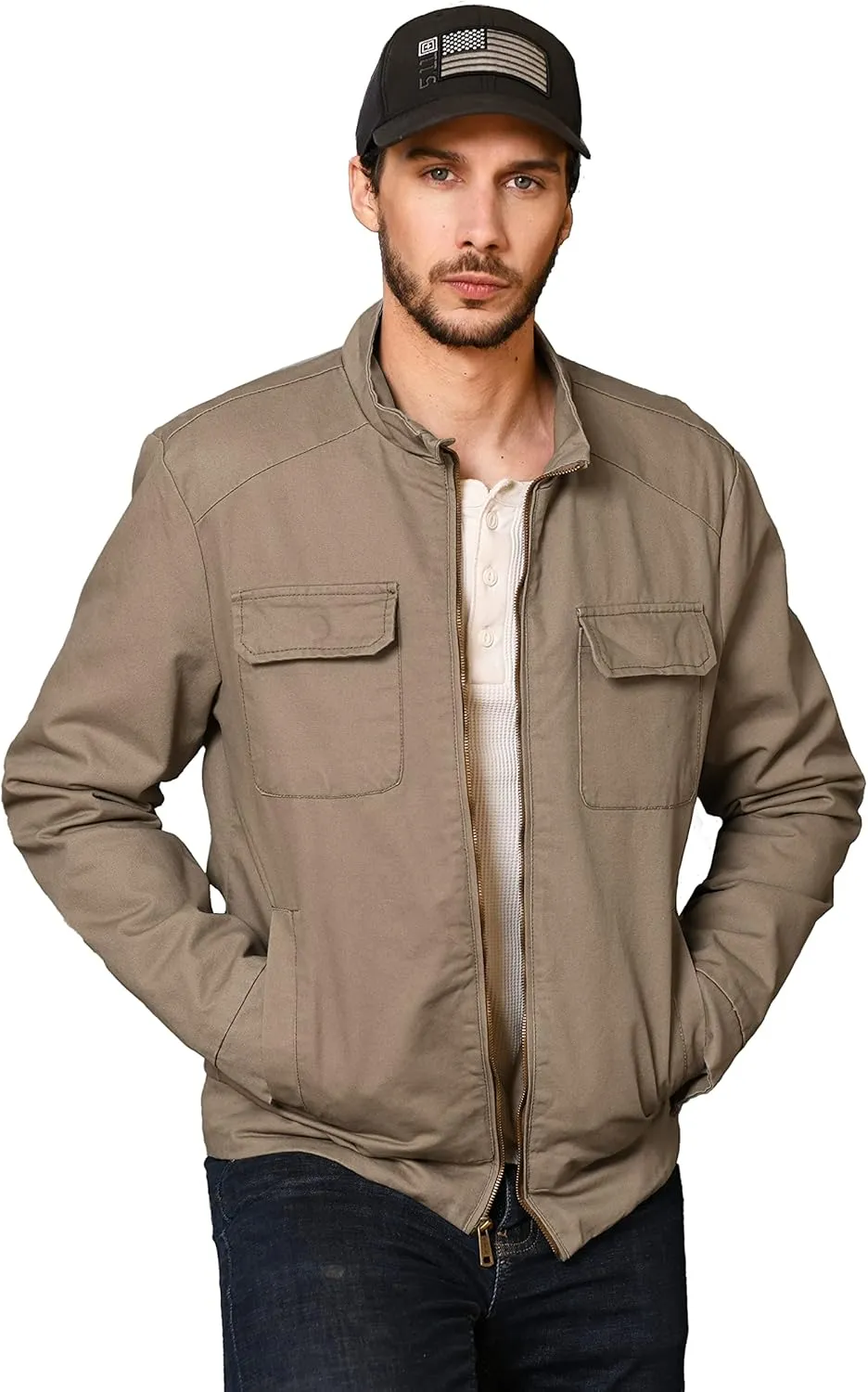 WenVen Men's Spring Cotton Military Jacket Casual Lightweight Canvas Field Coat