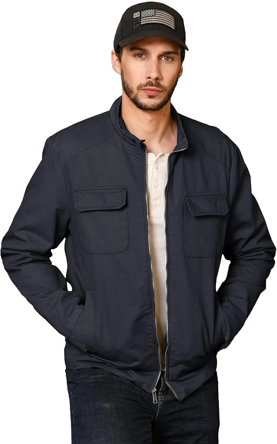 WenVen Men's Spring Cotton Military Jacket Casual Lightweight Canvas Field Coat