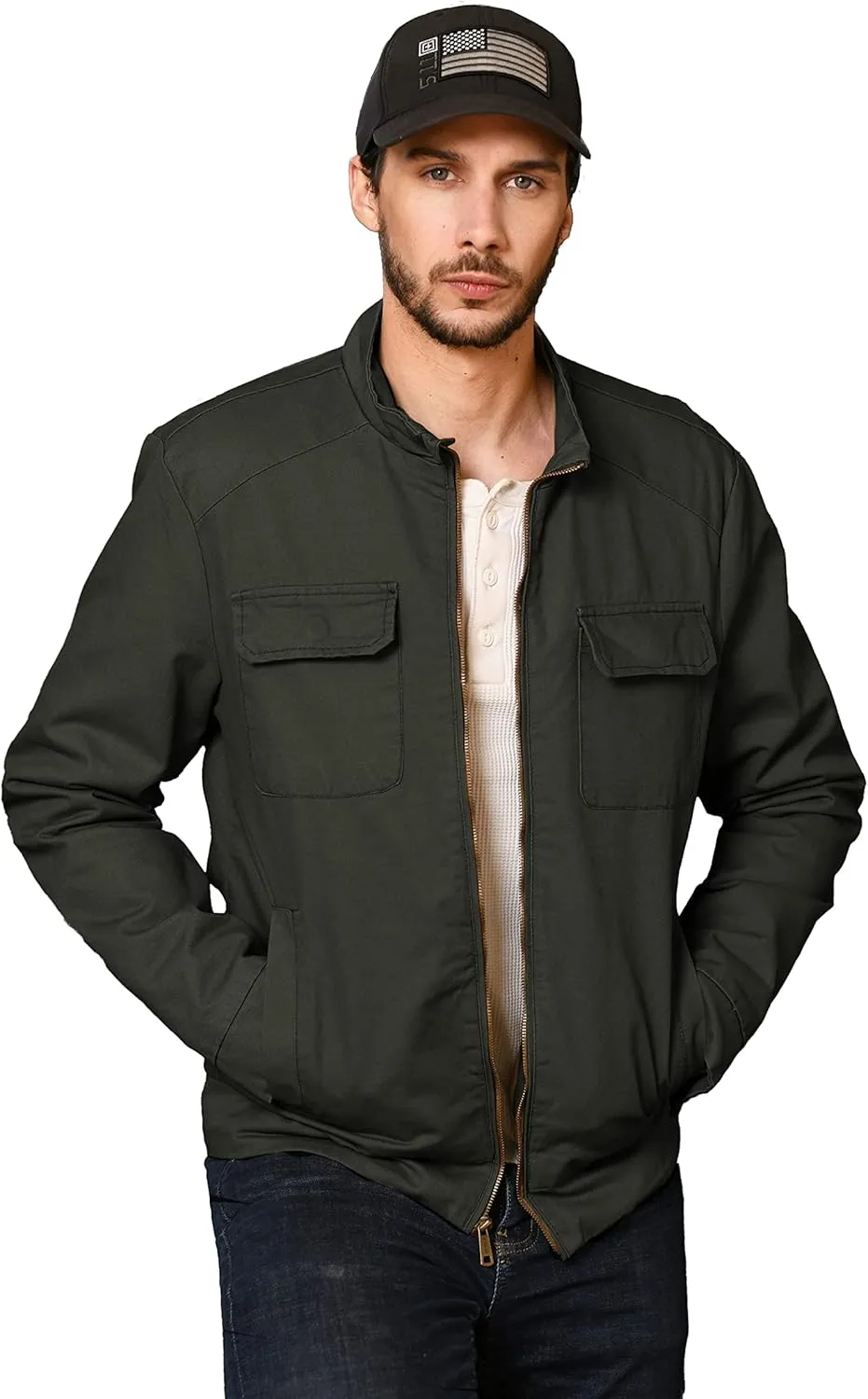 WenVen Men's Spring Cotton Military Jacket Casual Lightweight Canvas Field Coat