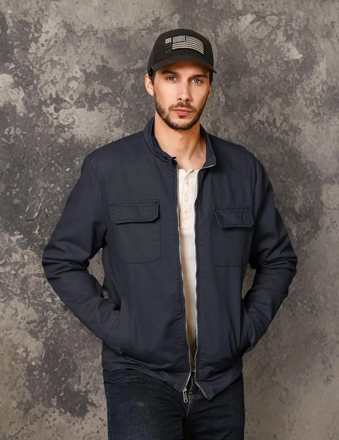 WenVen Men's Spring Cotton Military Jacket Casual Lightweight Canvas Field Coat