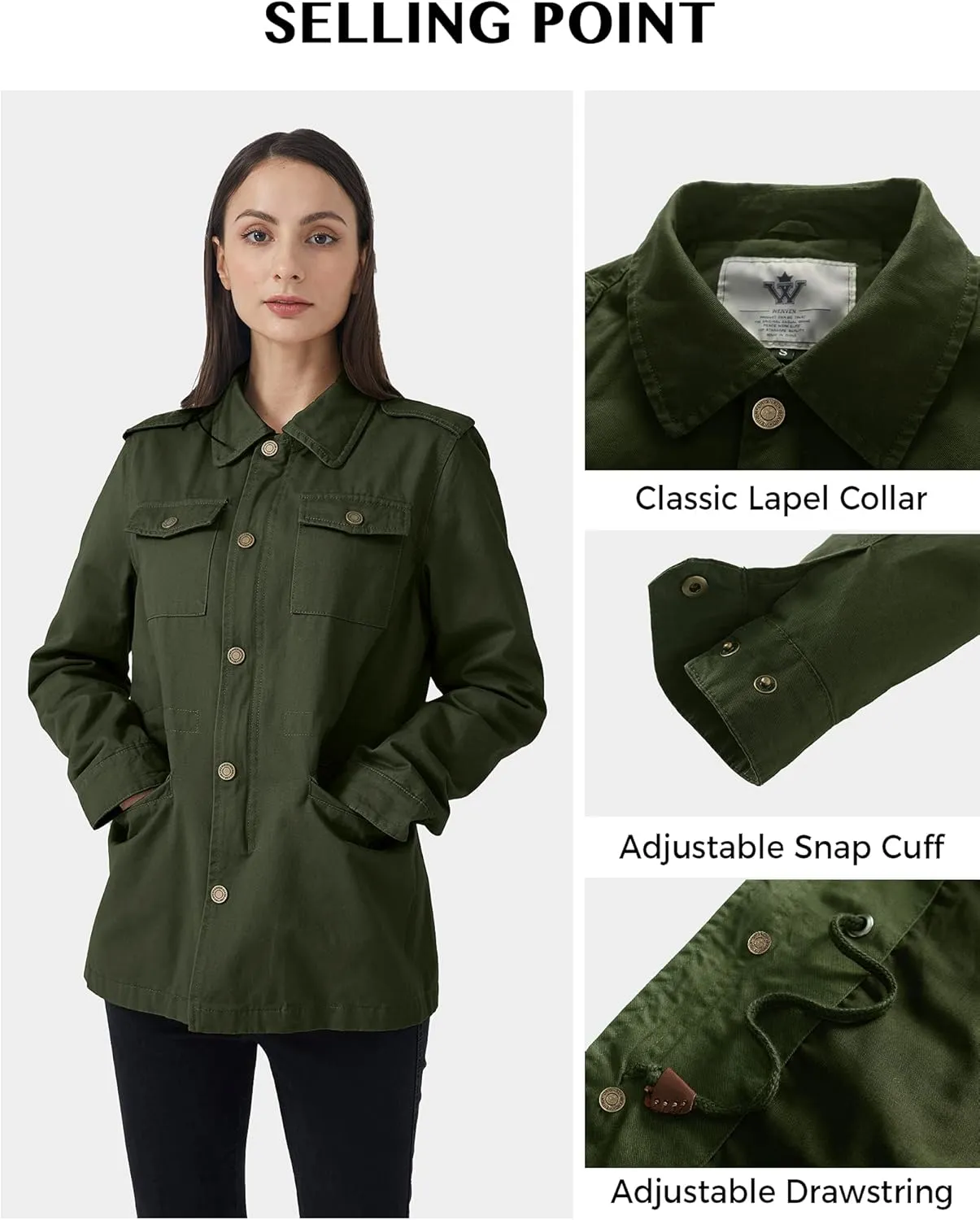 WenVen Women's Lightweight Canvas Cotton Military Jacket Utility Lapel Anorak