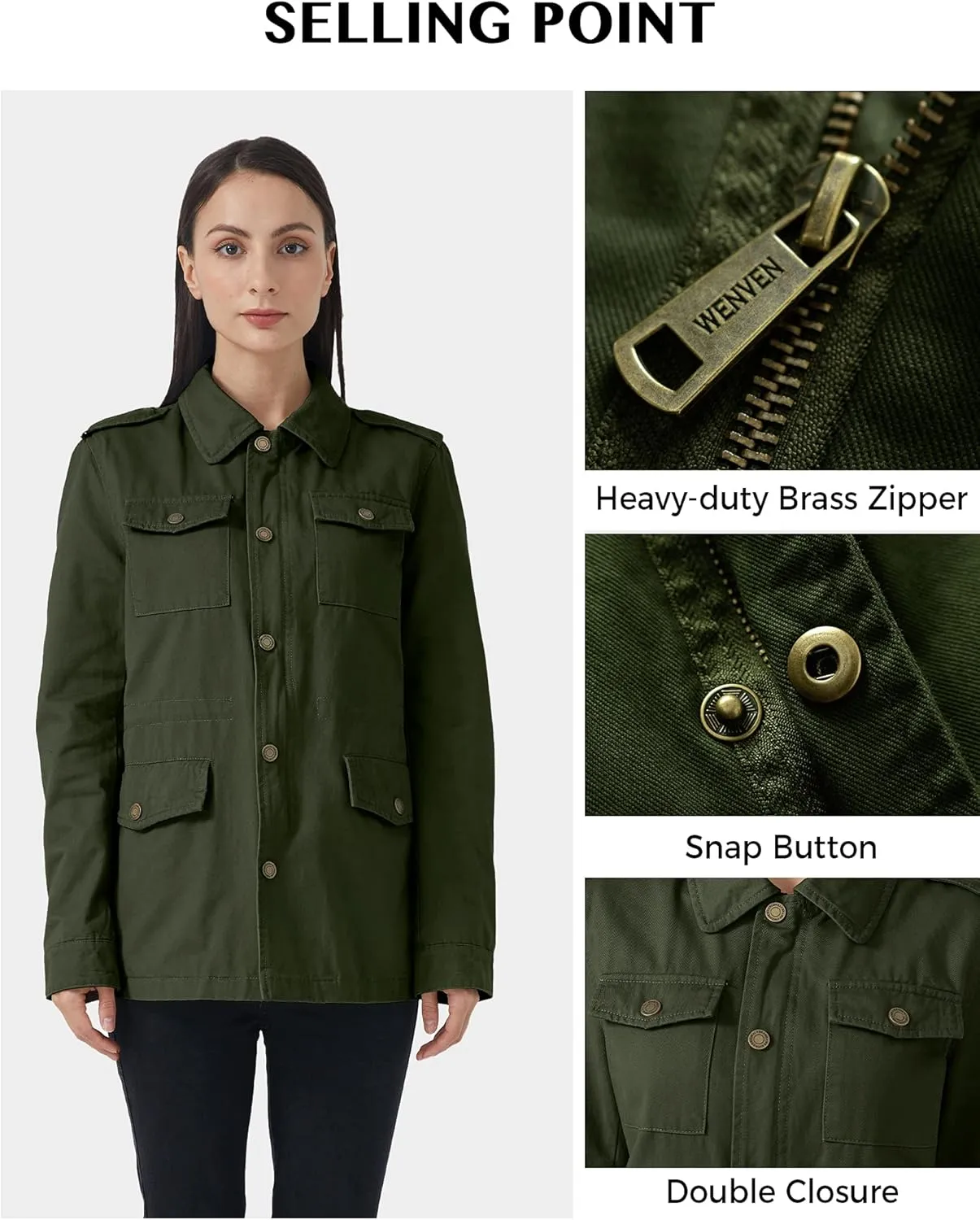 WenVen Women's Lightweight Canvas Cotton Military Jacket Utility Lapel Anorak