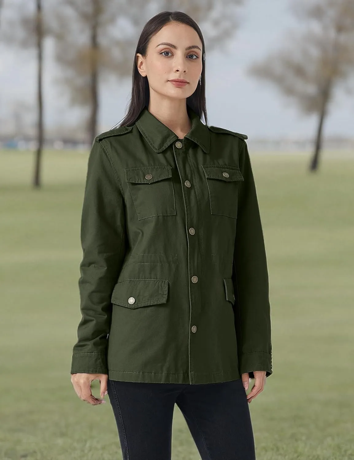 WenVen Women's Lightweight Canvas Cotton Military Jacket Utility Lapel Anorak