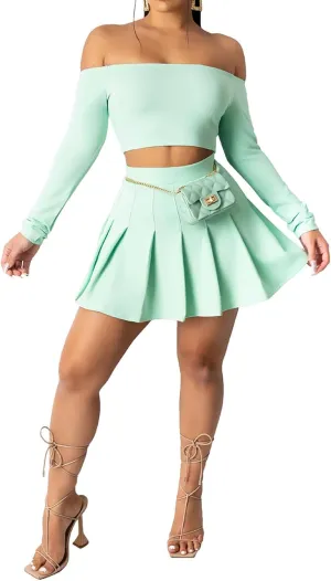 Women 2 Piece Outfits Tennis Golf Skirt Sets Sexy Off Shoulder Crop Top Mini Skater Skorts Skirts Sports Suit Activewear