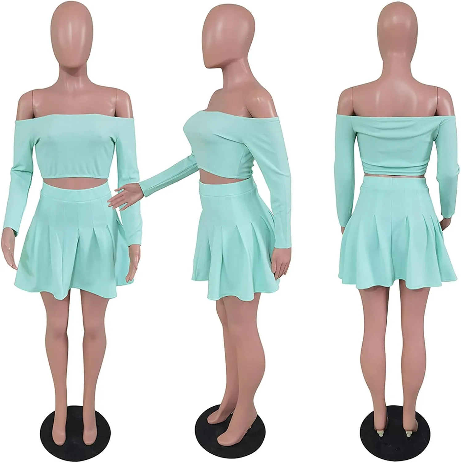 Women 2 Piece Outfits Tennis Golf Skirt Sets Sexy Off Shoulder Crop Top Mini Skater Skorts Skirts Sports Suit Activewear