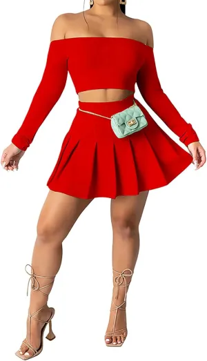 Women 2 Piece Outfits Tennis Golf Skirt Sets Sexy Off Shoulder Crop Top Mini Skater Skorts Skirts Sports Suit Activewear