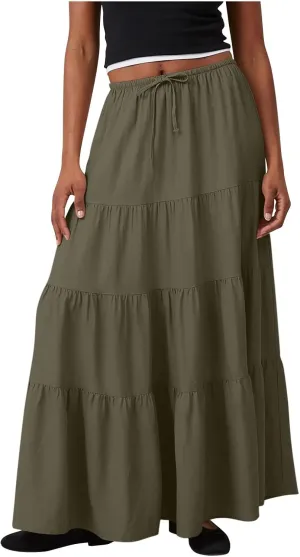 Women Casual Tiered Maxi Skirt Flowy Swing Pleated Beach Long Skirts Summer Elastic High Waisted A Line Mini Skirt