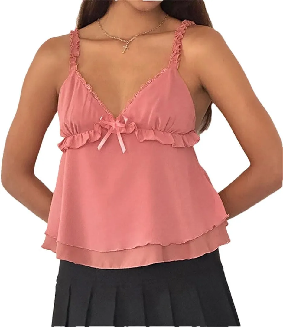 Women Frill Spaghetti Strap Chiffon Vest Bow Front Ruffled Camisole Sweet Crop Tops Retro Backless Clothes