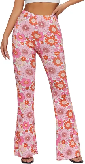 Women High Waisted Fit Flare Ethnic Paisley Floral Bell Bottoms Yoga Pants Flared Leggings