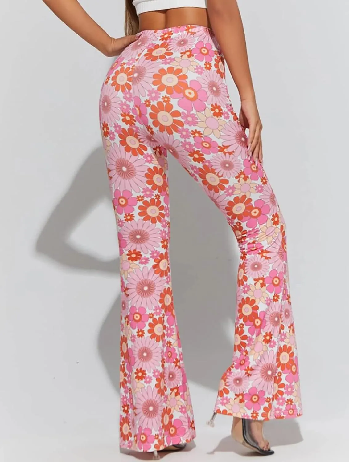 Women High Waisted Fit Flare Ethnic Paisley Floral Bell Bottoms Yoga Pants Flared Leggings