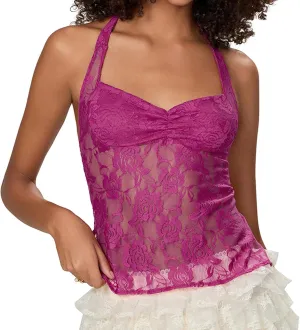 Women Lace Crop Tank Tops Lace See Through Backless Tie-Up Halter Going Out Tops Sleeveless Cami Shirts Streetwear