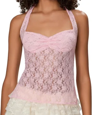 Women Lace Crop Tank Tops Lace See Through Backless Tie-Up Halter Going Out Tops Sleeveless Cami Shirts Streetwear