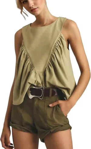 Women Peplum Babydoll Tank Tops Sleeveless Summer Shirred Swing A Line Tops Flowy Crew Neck Ruched Ruffle Shirt