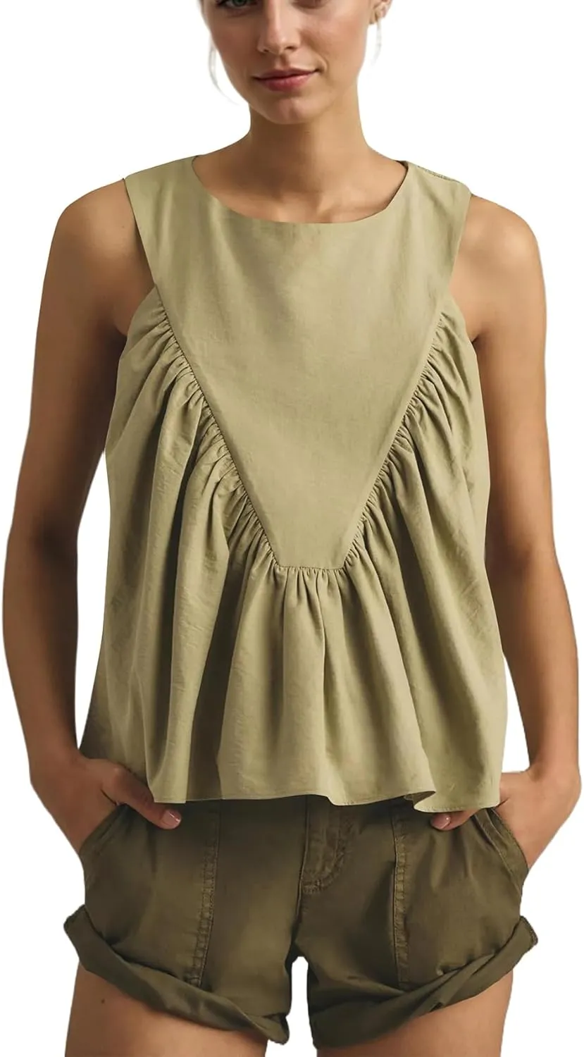 Women Peplum Babydoll Tank Tops Sleeveless Summer Shirred Swing A Line Tops Flowy Crew Neck Ruched Ruffle Shirt