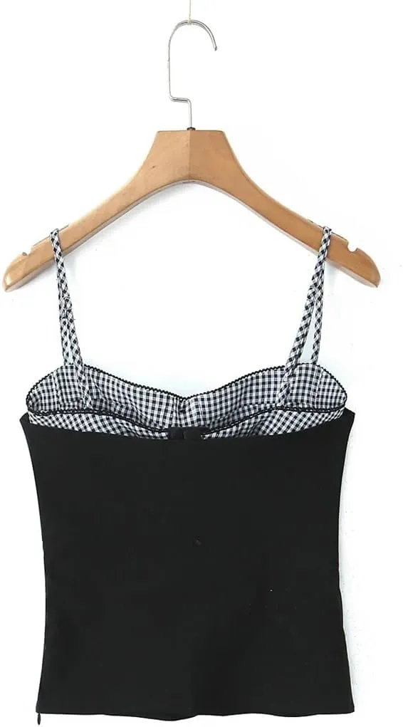 Women Plaid Spliced Fake 2 Pieces Slit Fit Tank Tops Holiday Patchwork Black Camisole Crop Top