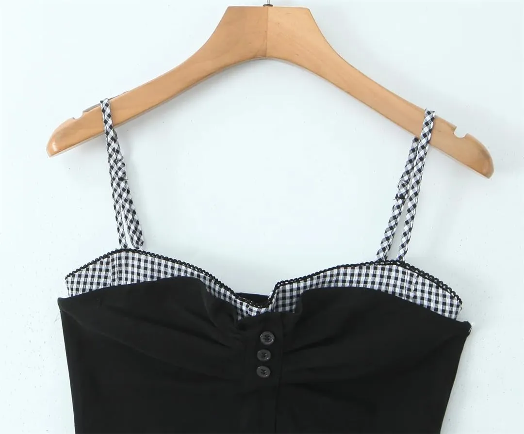 Women Plaid Spliced Fake 2 Pieces Slit Fit Tank Tops Holiday Patchwork Black Camisole Crop Top