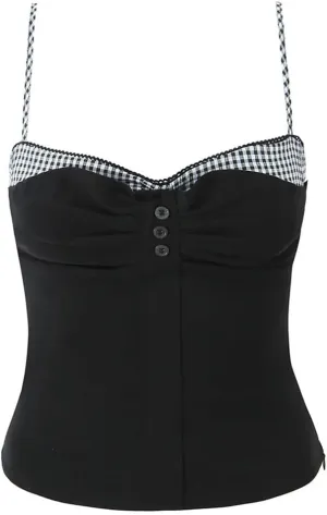 Women Plaid Spliced Fake 2 Pieces Slit Fit Tank Tops Holiday Patchwork Black Camisole Crop Top