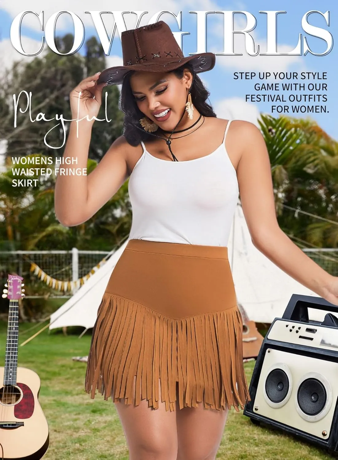 Women Plus Size Fringe Cowgirl Mini Skirt - Western Country Concert Rodeo Outfit High Waisted Tassel Boho Bottoms