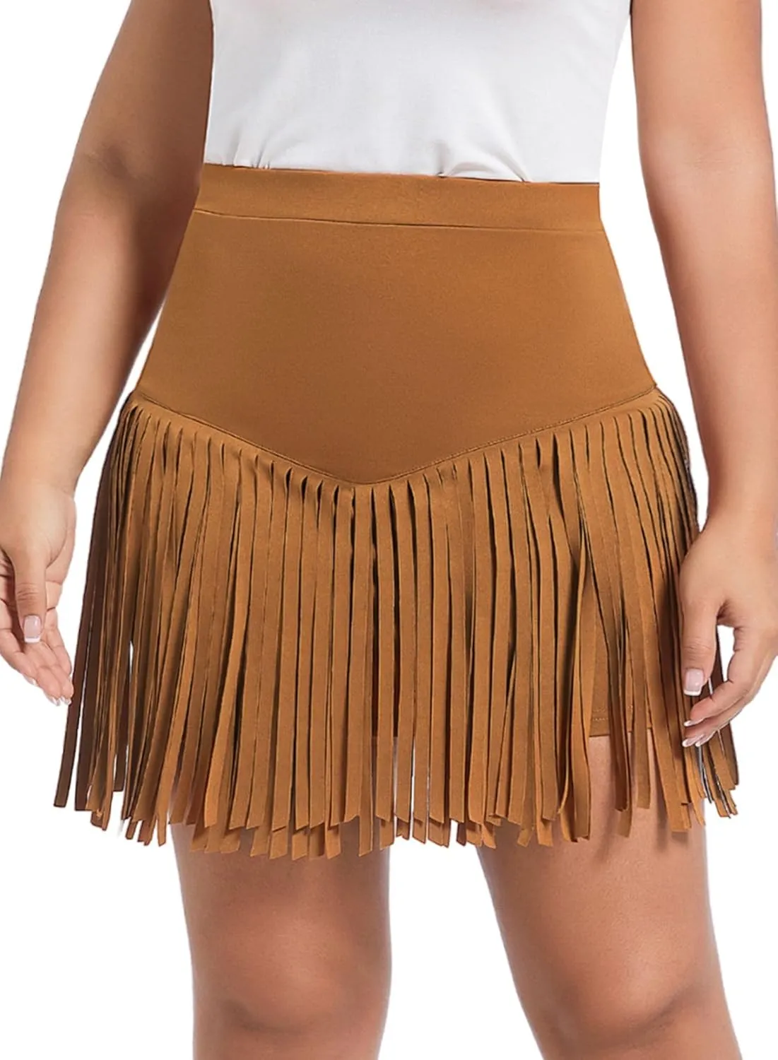Women Plus Size Fringe Cowgirl Mini Skirt - Western Country Concert Rodeo Outfit High Waisted Tassel Boho Bottoms