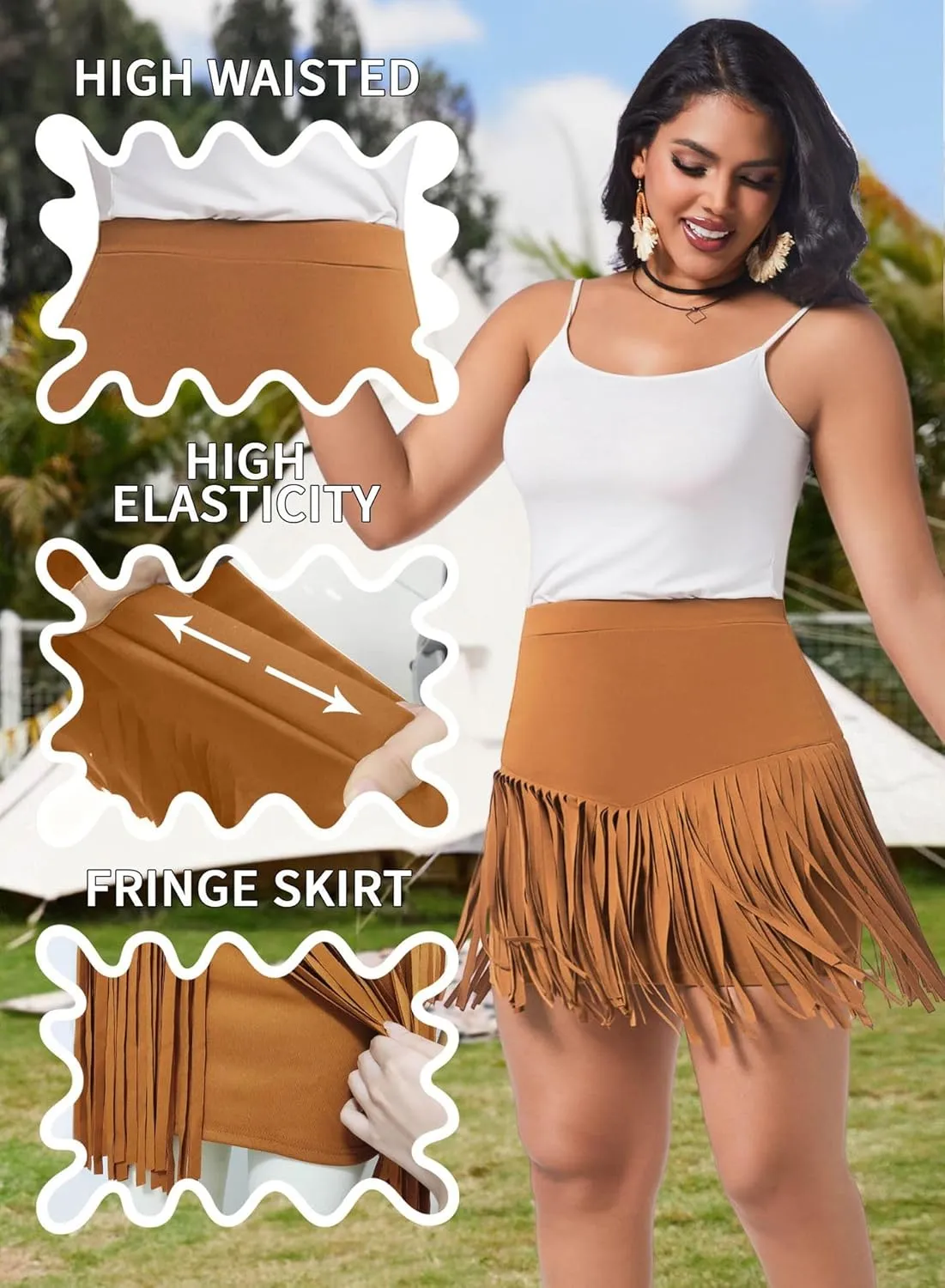 Women Plus Size Fringe Cowgirl Mini Skirt - Western Country Concert Rodeo Outfit High Waisted Tassel Boho Bottoms