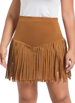 Women Plus Size Fringe Cowgirl Mini Skirt - Western Country Concert Rodeo Outfit High Waisted Tassel Boho Bottoms