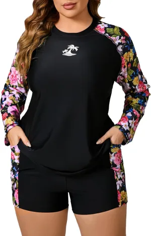 Women Plus Size Two Piece Long Sleeve Rash Guard Sets Built in Bra Swim Shirt Top and Shorts with Pockets UPF50 