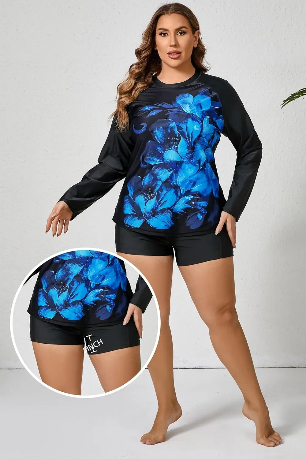 Women Plus Size Two Piece Long Sleeve Rash Guard Sets Built in Bra Swim Shirt Top and Shorts with Pockets UPF50 